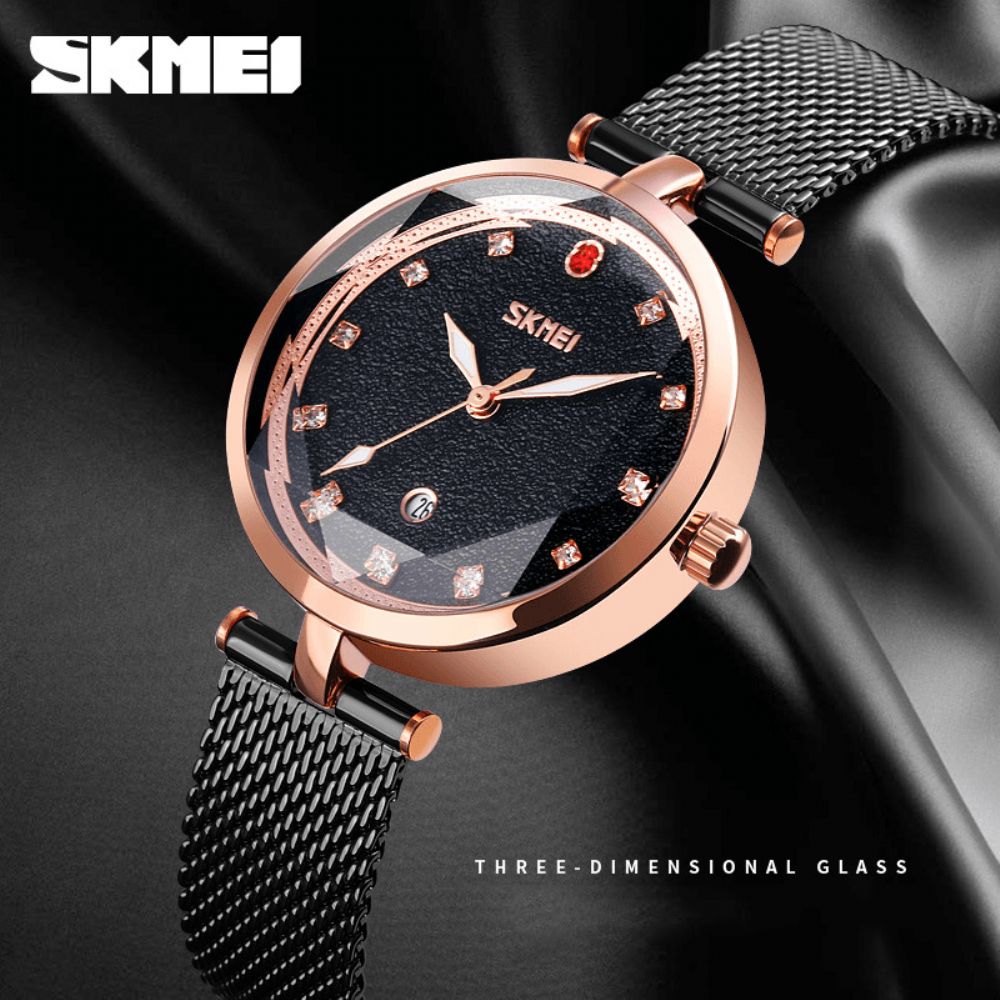 Skmei 9215 Three Dimen Sional Crystal Dameshorloge Mesh Stalen Band Quartz Horloge