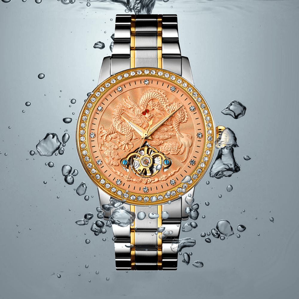 Skmei 9219 Mode Heren Automatisch Horloge Dragon Diamond Hollow Big Dial Hardlex Glas Waterdicht Mechanisch Horloge