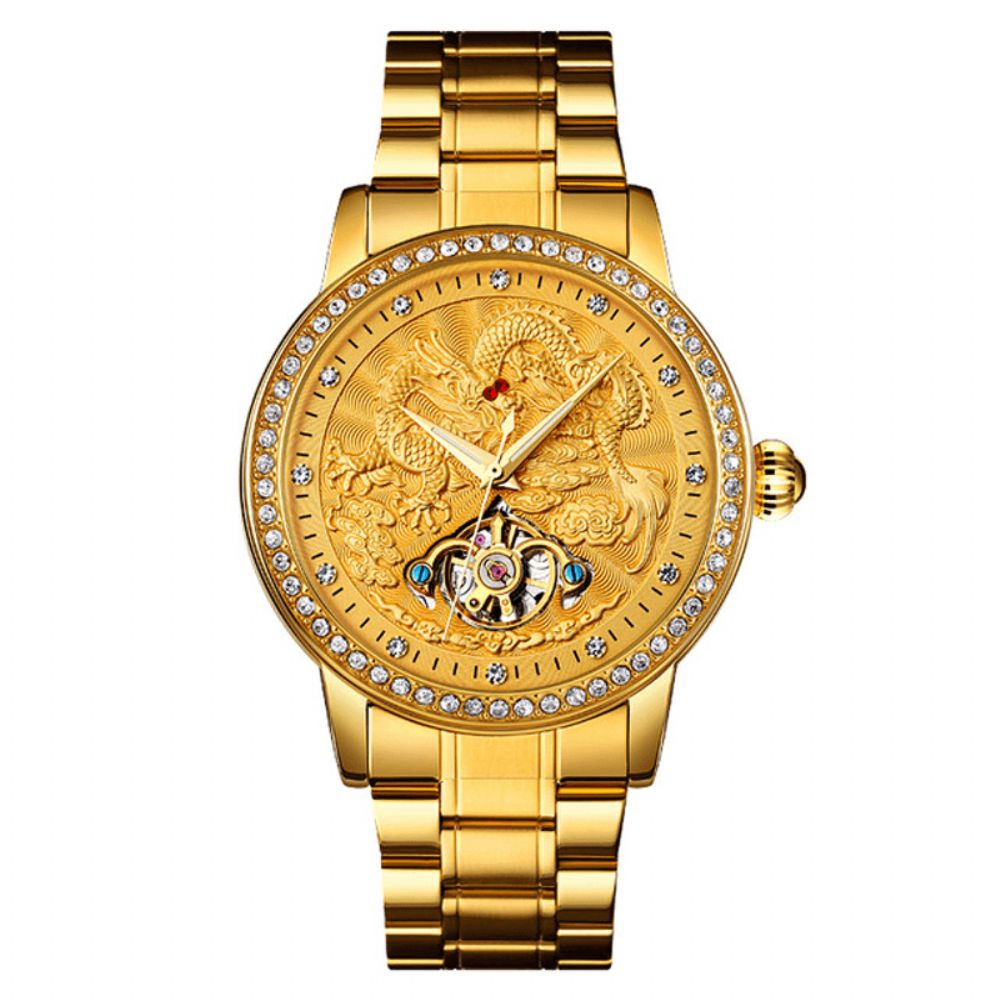 Skmei 9219 Mode Heren Automatisch Horloge Dragon Diamond Hollow Big Dial Hardlex Glas Waterdicht Mechanisch Horloge