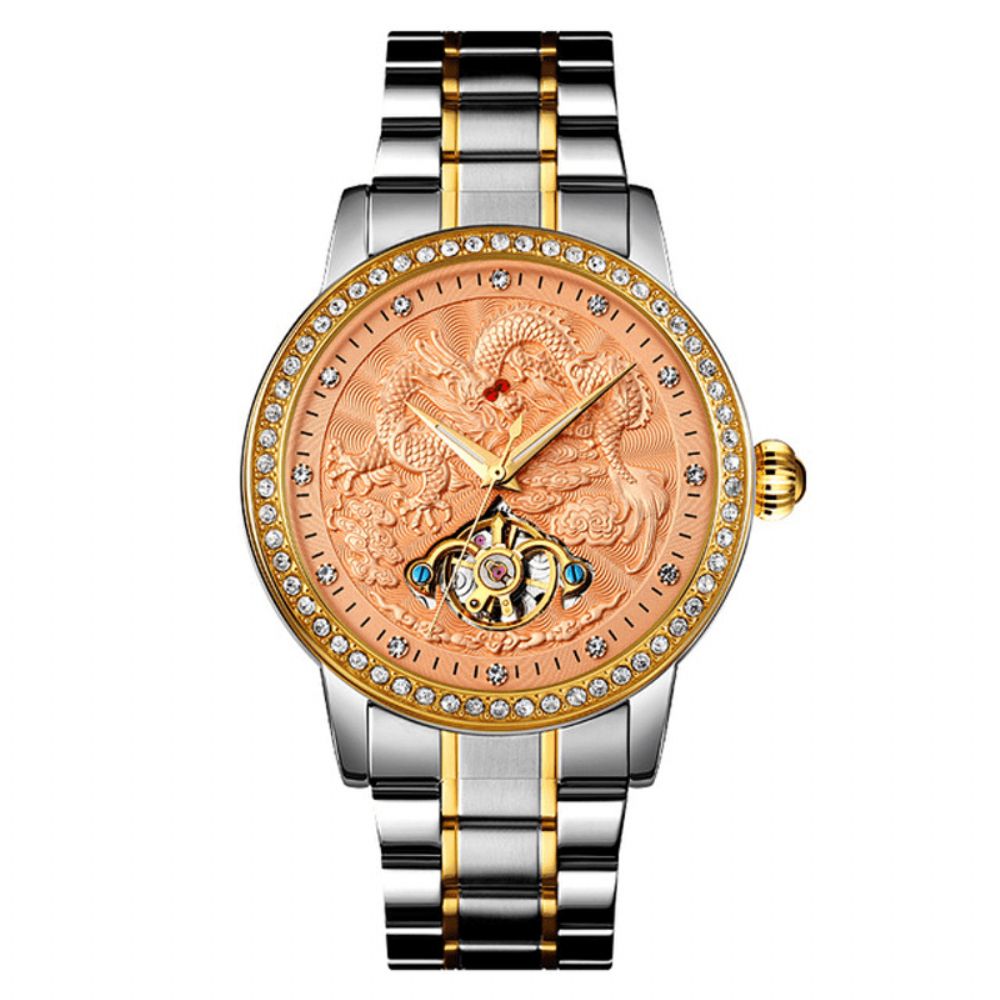 Skmei 9219 Mode Heren Automatisch Horloge Dragon Diamond Hollow Big Dial Hardlex Glas Waterdicht Mechanisch Horloge