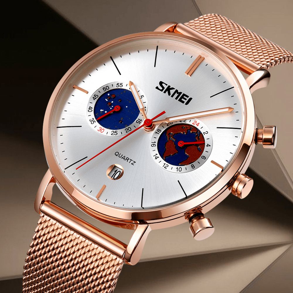 Skmei 9231 Mode Herenhorloge Lichtgevende Datumweergave Chronograaf Creatieve Kleine Wijzerplaat Mesh Riem Quartz Horloge