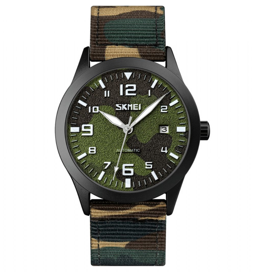 Skmei Elegant Herenhorloge Lichtgevende Wijzer Camouflage Nylon Band 3Atm Waterdicht Heren Automatisch Mechanisch Horloge