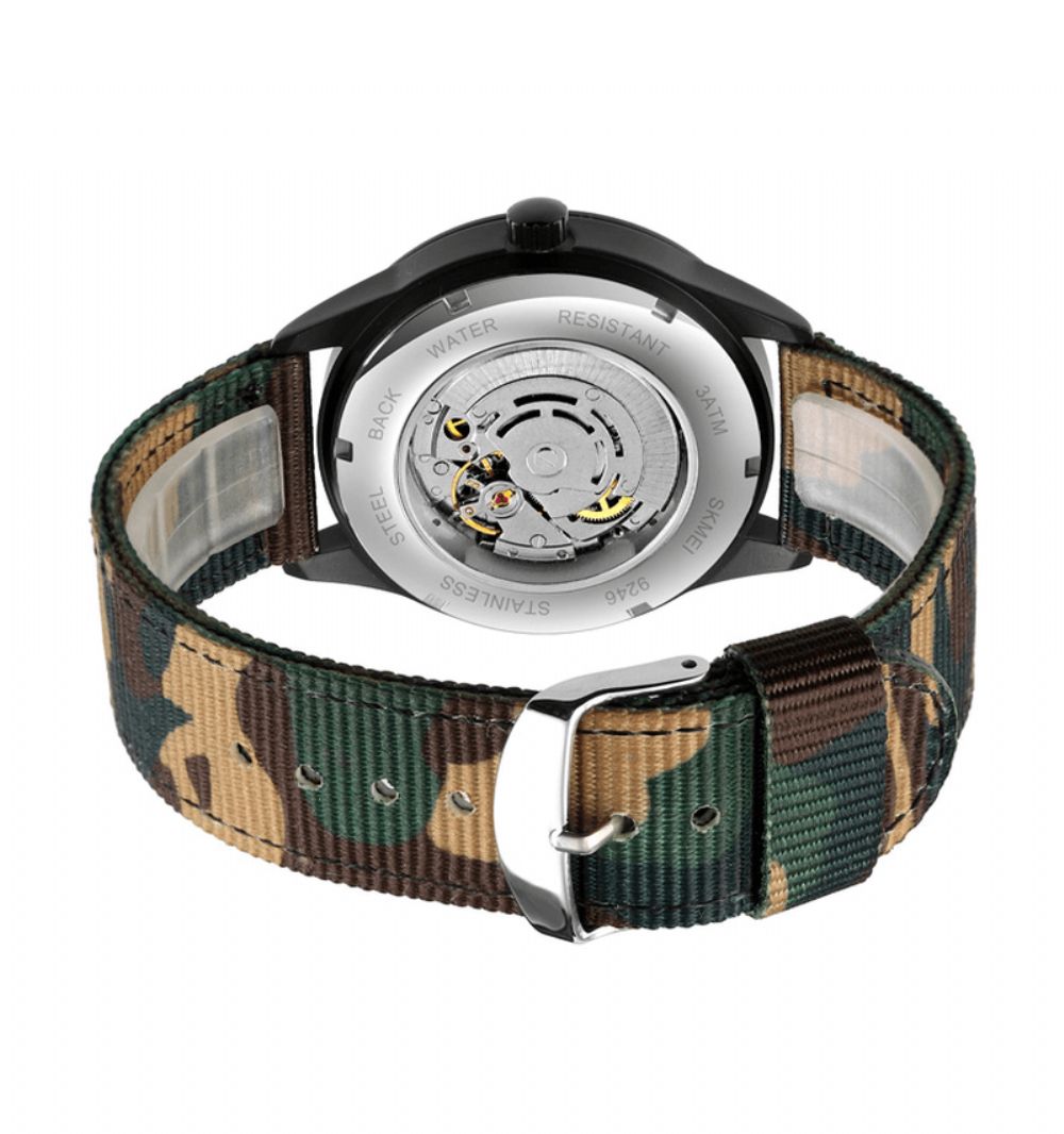 Skmei Elegant Herenhorloge Lichtgevende Wijzer Camouflage Nylon Band 3Atm Waterdicht Heren Automatisch Mechanisch Horloge