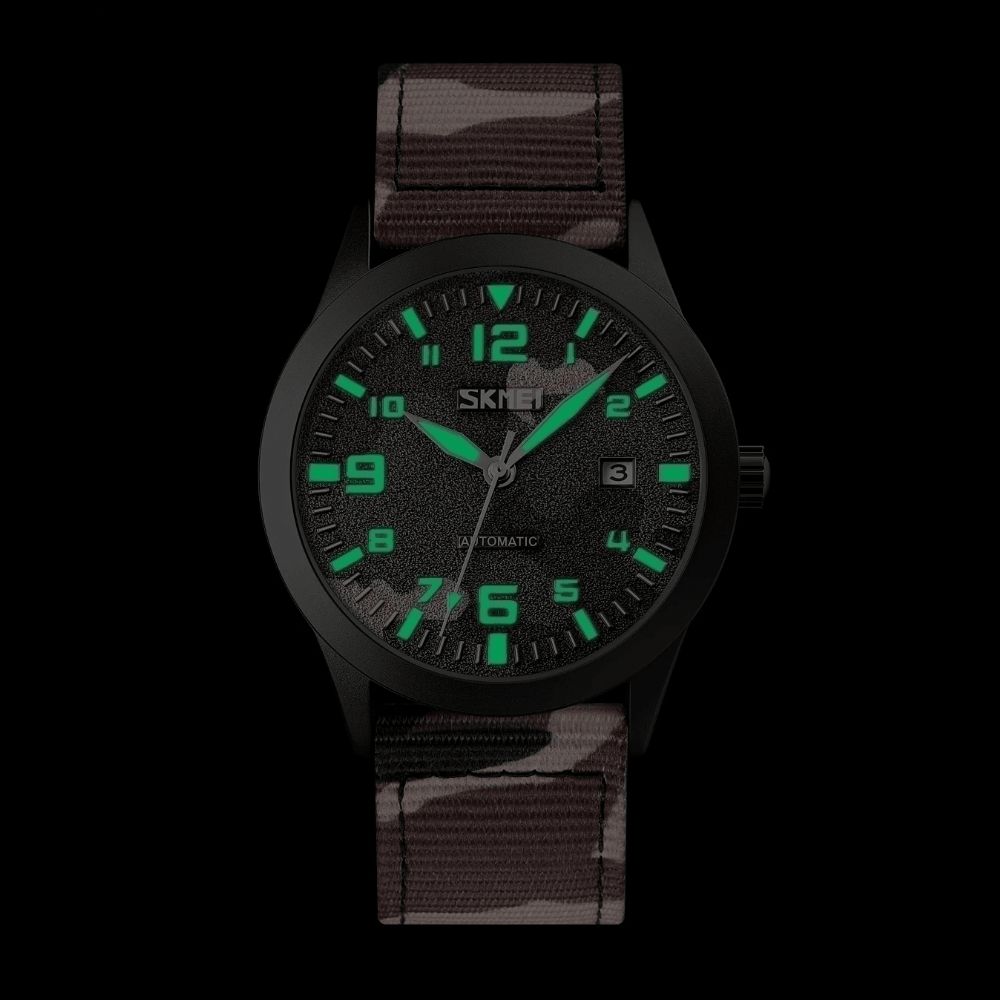 Skmei Elegant Herenhorloge Lichtgevende Wijzer Camouflage Nylon Band 3Atm Waterdicht Heren Automatisch Mechanisch Horloge