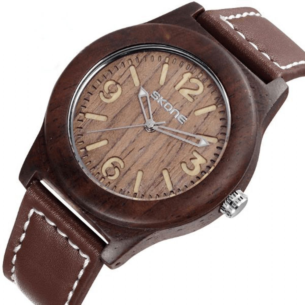 Skone 3842 Mode Heren Quartz Horloge Casual Lederen Band Houten Horloge