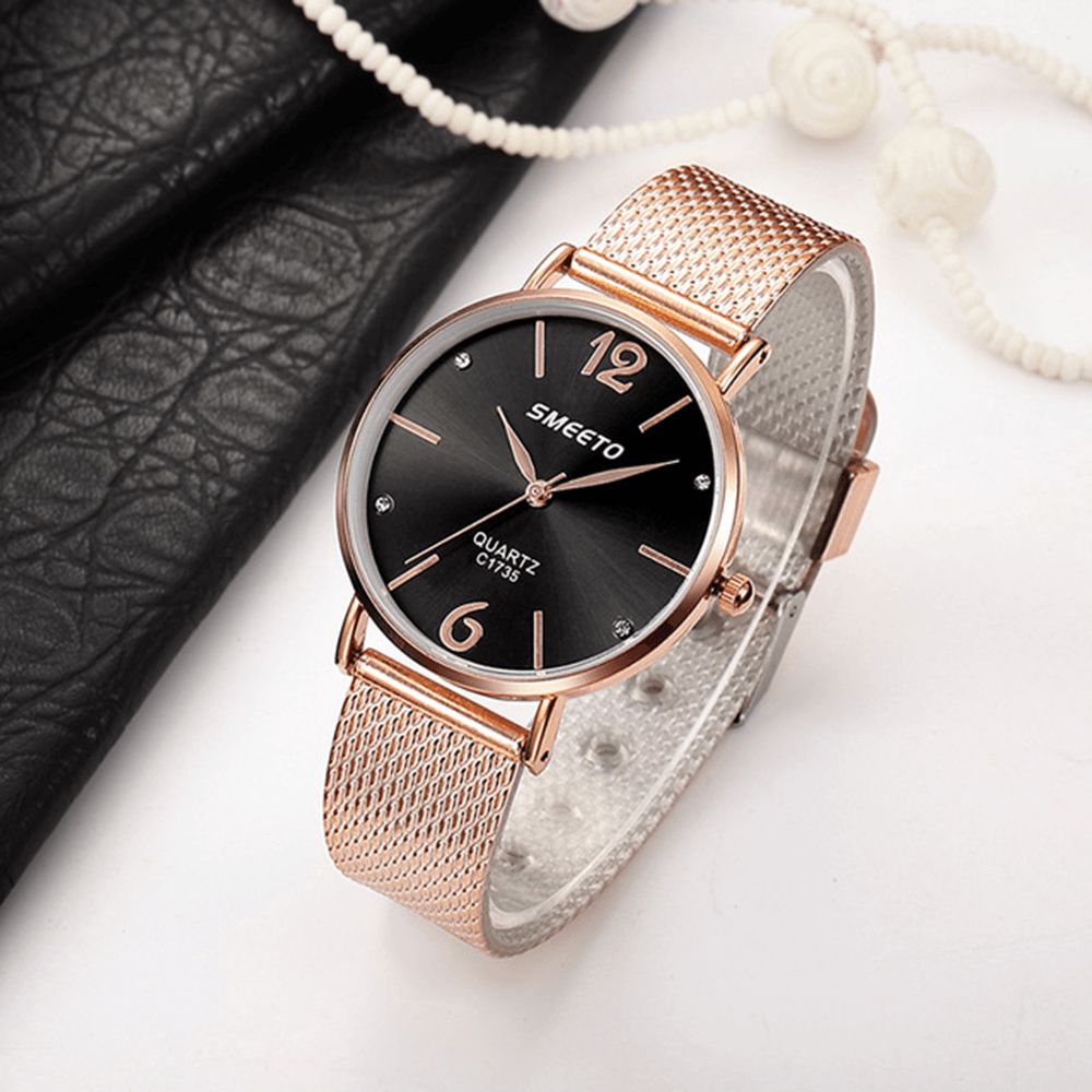 Smeeto Casual Stijl Dames Quartz Horloge Mode Wijzerplaat Roestvrij Stalen Band Dames Jurk Horloge