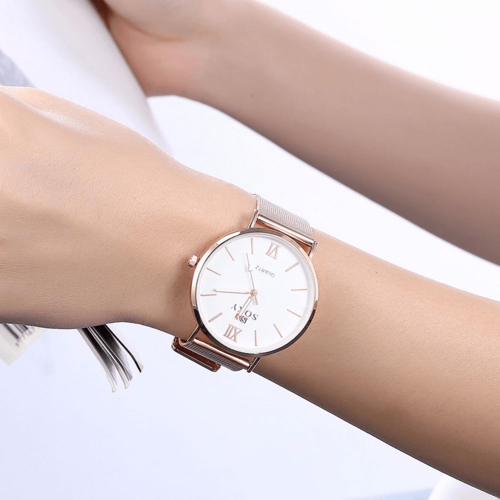 Soxy Mode Stijl Dames Polshorloge Dames Jurk Eenvoudige Wijzerplaat Rose Goud Roestvrij Stalen Band Quartz Horloge