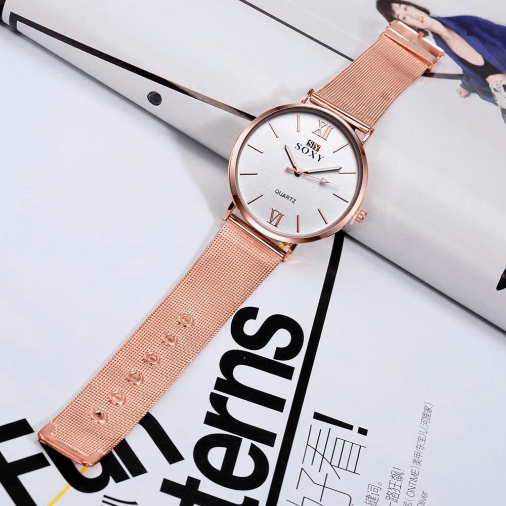 Soxy Mode Stijl Dames Polshorloge Dames Jurk Eenvoudige Wijzerplaat Rose Goud Roestvrij Stalen Band Quartz Horloge