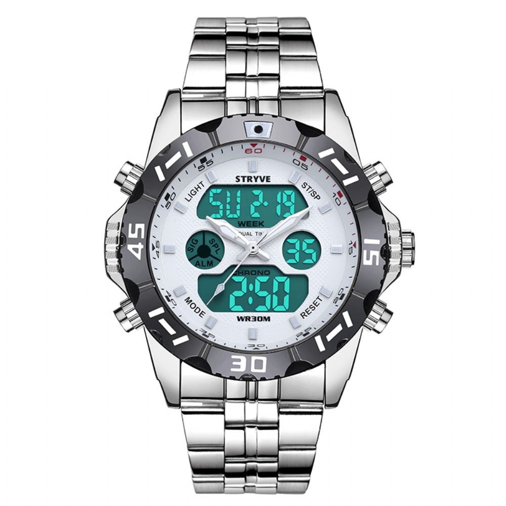 Stryve S8011 Chronograaf Alarm Kalender Roestvrij Staal Sport Dual Display Digitaal Horloge