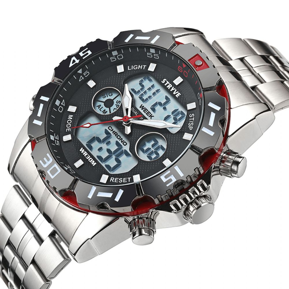 Stryve S8011 Chronograaf Alarm Kalender Roestvrij Staal Sport Dual Display Digitaal Horloge