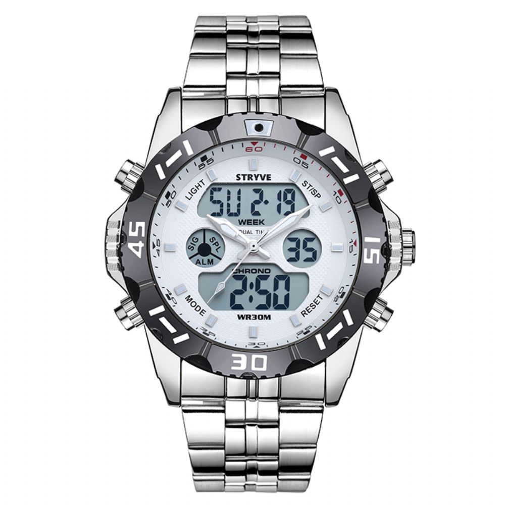 Stryve S8011 Chronograaf Alarm Kalender Roestvrij Staal Sport Dual Display Digitaal Horloge