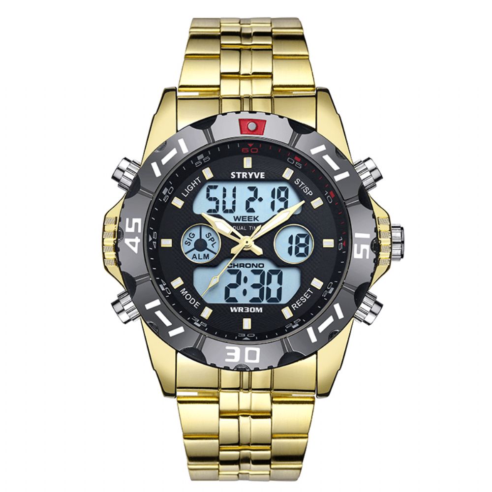 Stryve S8011 Chronograaf Alarm Kalender Roestvrij Staal Sport Dual Display Digitaal Horloge