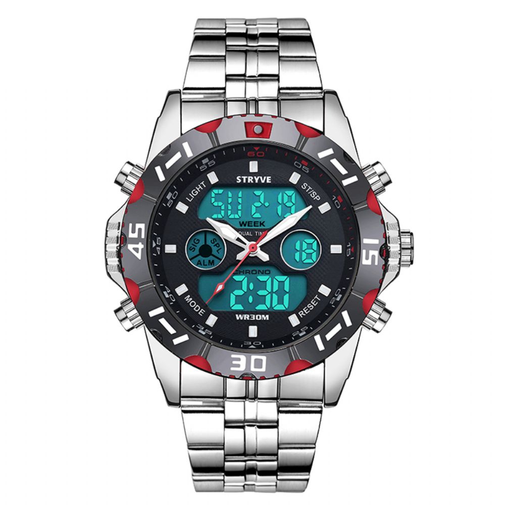 Stryve S8011 Chronograaf Alarm Kalender Roestvrij Staal Sport Dual Display Digitaal Horloge