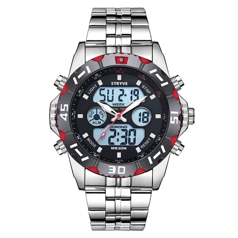 Stryve S8011 Chronograaf Alarm Kalender Roestvrij Staal Sport Dual Display Digitaal Horloge