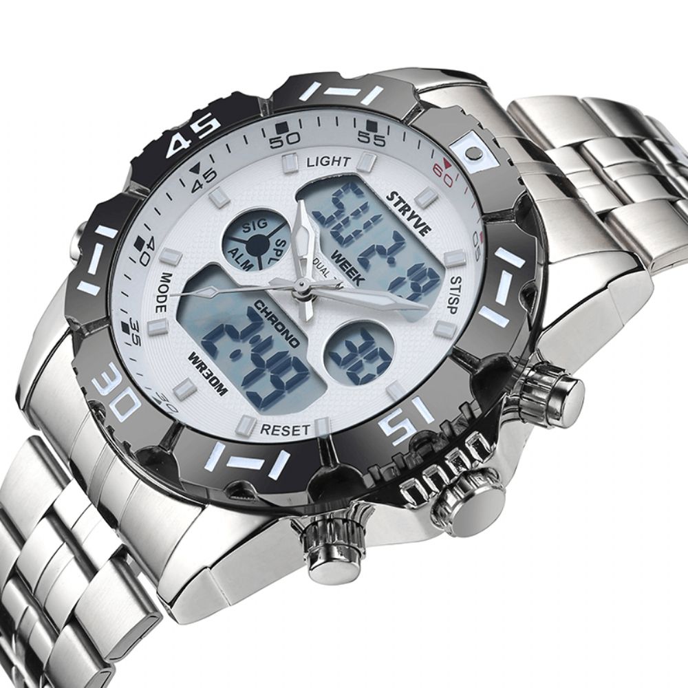 Stryve S8011 Chronograaf Alarm Kalender Roestvrij Staal Sport Dual Display Digitaal Horloge