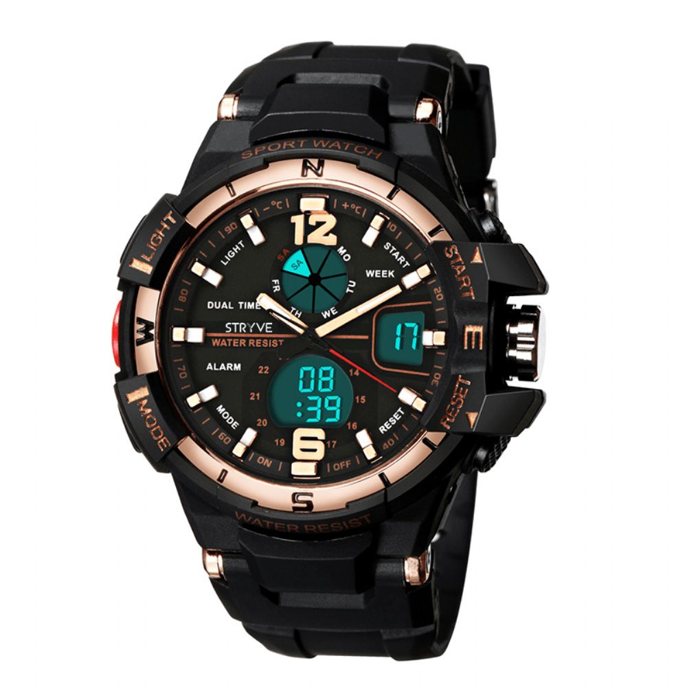 Stryve S8012 Chronograaf Lichtgevende Weekweergave Waterdicht Heren Sport Dual Display Digitaal Horloge