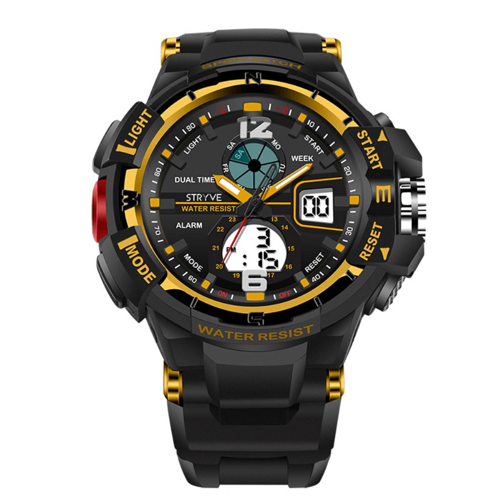 Stryve S8012 Chronograaf Lichtgevende Weekweergave Waterdicht Heren Sport Dual Display Digitaal Horloge