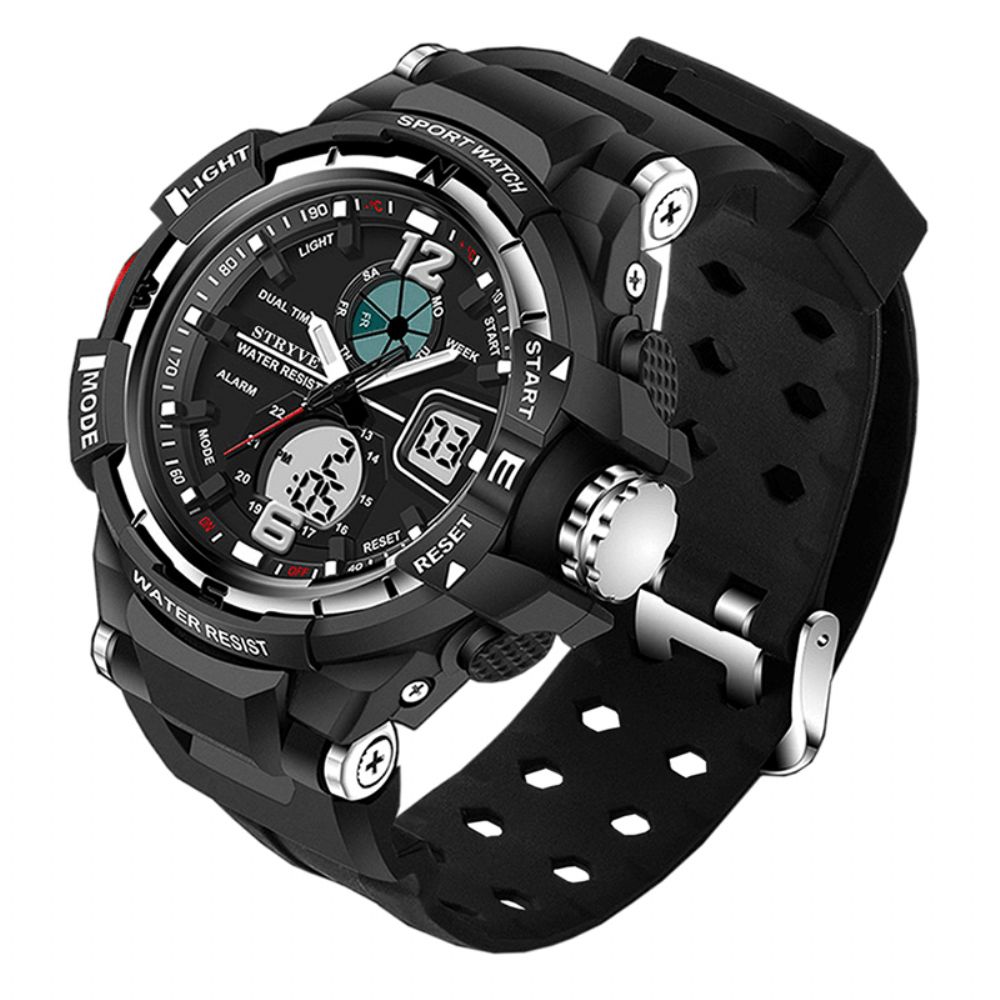 Stryve S8012 Chronograaf Lichtgevende Weekweergave Waterdicht Heren Sport Dual Display Digitaal Horloge