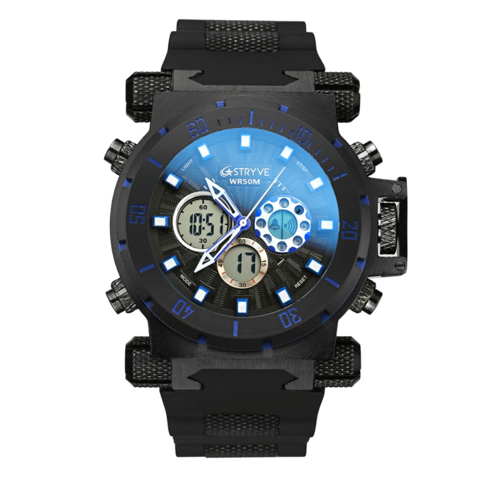 Stryve S8015 5Atm Zwitsers Uurwerk Chrono Date Week Dual Display Digitaal Horloge