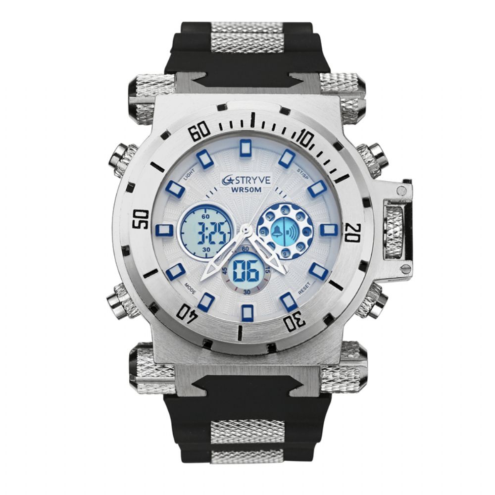 Stryve S8015 5Atm Zwitsers Uurwerk Chrono Date Week Dual Display Digitaal Horloge