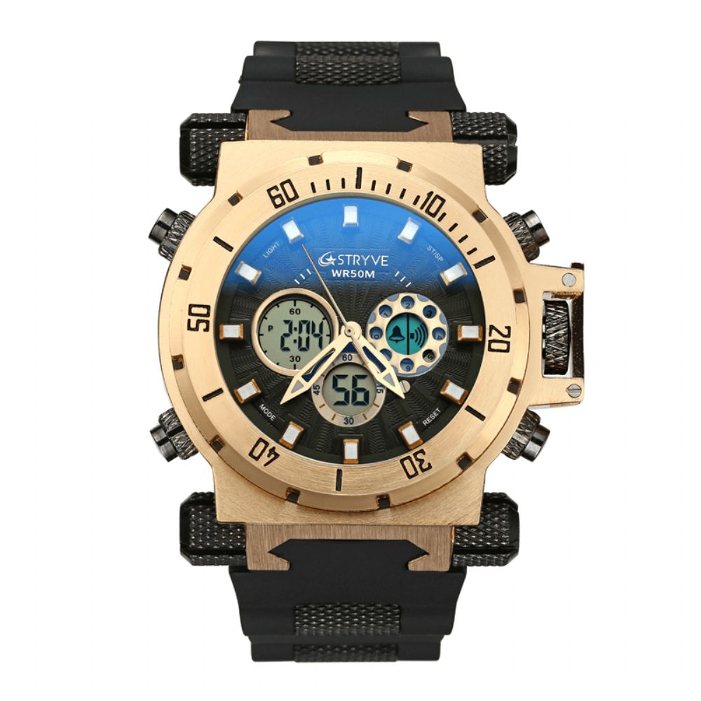 Stryve S8015 5Atm Zwitsers Uurwerk Chrono Date Week Dual Display Digitaal Horloge