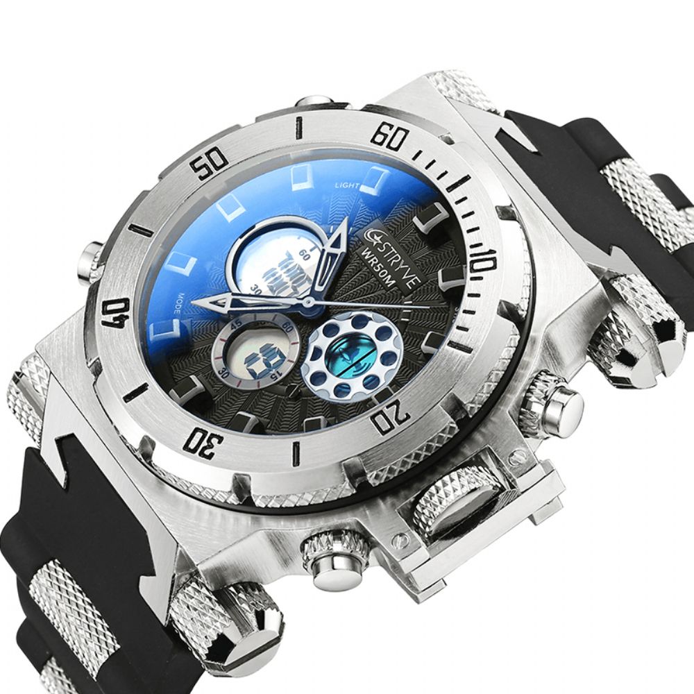 Stryve S8015 5Atm Zwitsers Uurwerk Chrono Date Week Dual Display Digitaal Horloge