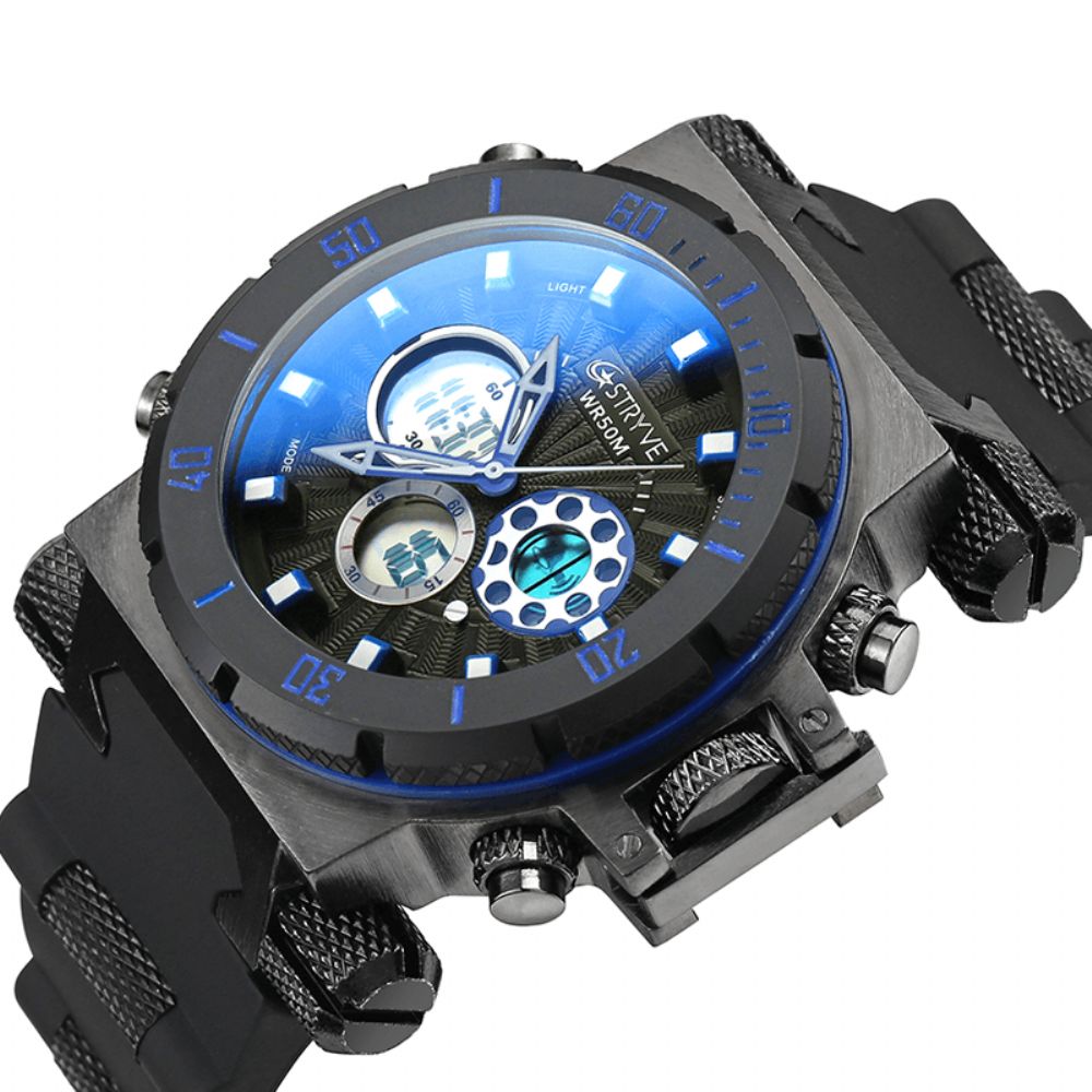 Stryve S8015 5Atm Zwitsers Uurwerk Chrono Date Week Dual Display Digitaal Horloge