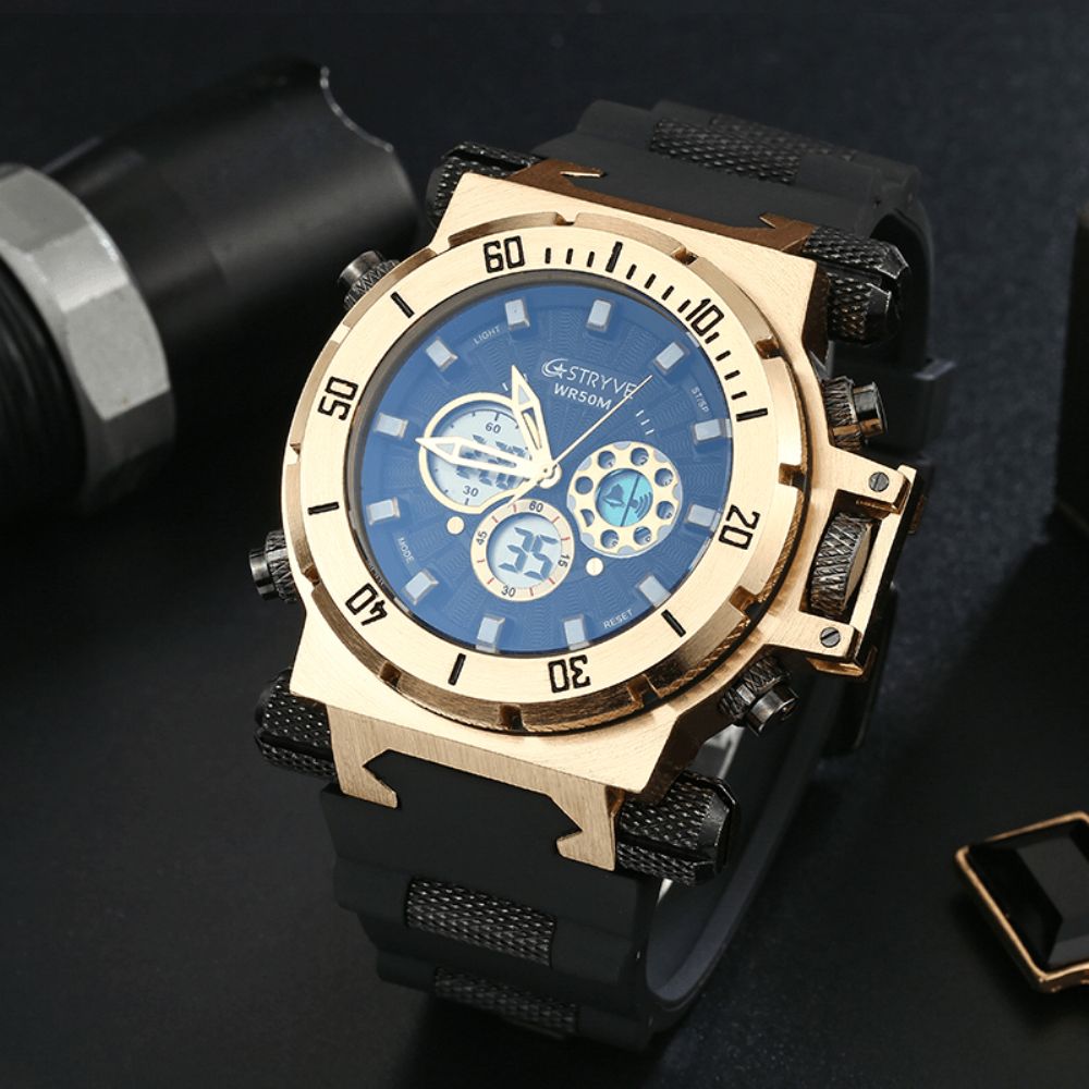 Stryve S8015 5Atm Zwitsers Uurwerk Chrono Date Week Dual Display Digitaal Horloge