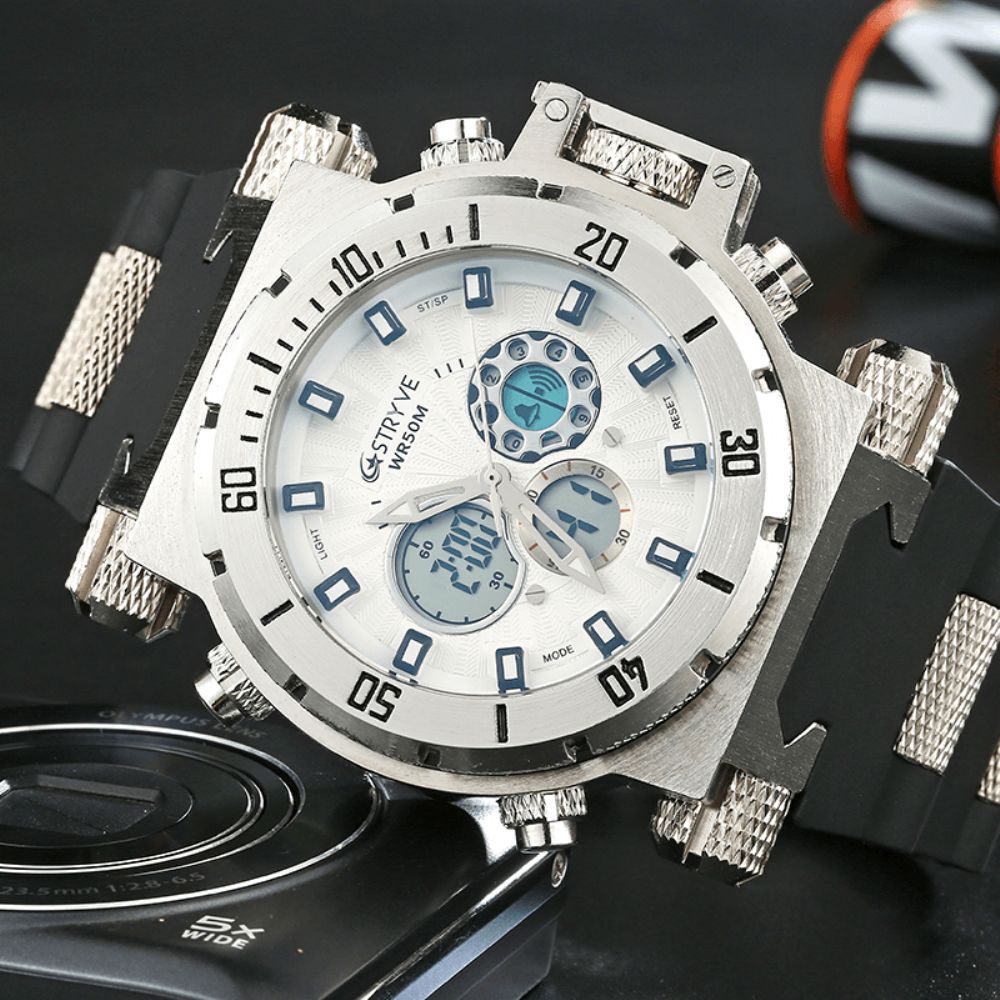 Stryve S8015 5Atm Zwitsers Uurwerk Chrono Date Week Dual Display Digitaal Horloge