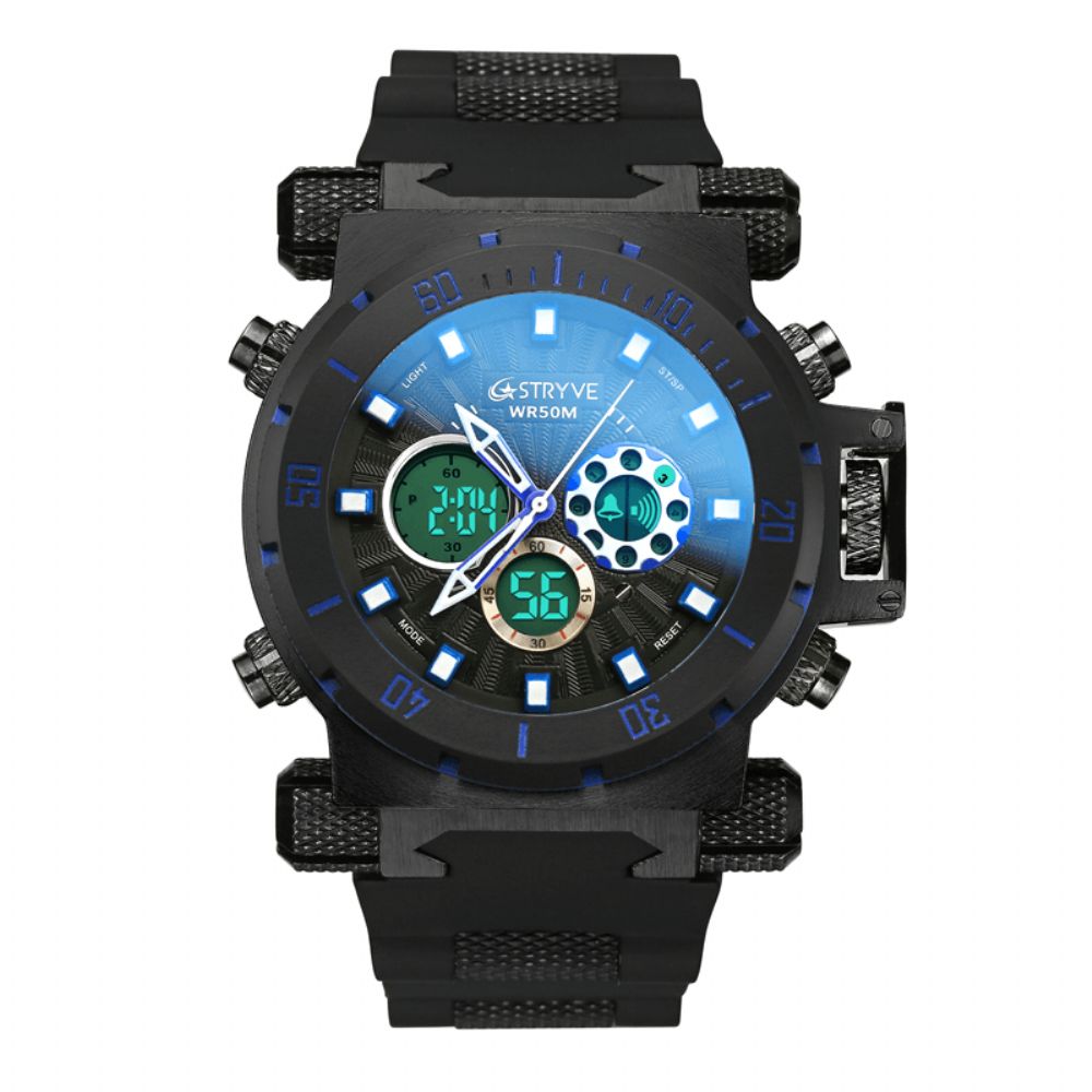 Stryve S8015 5Atm Zwitsers Uurwerk Chrono Date Week Dual Display Digitaal Horloge