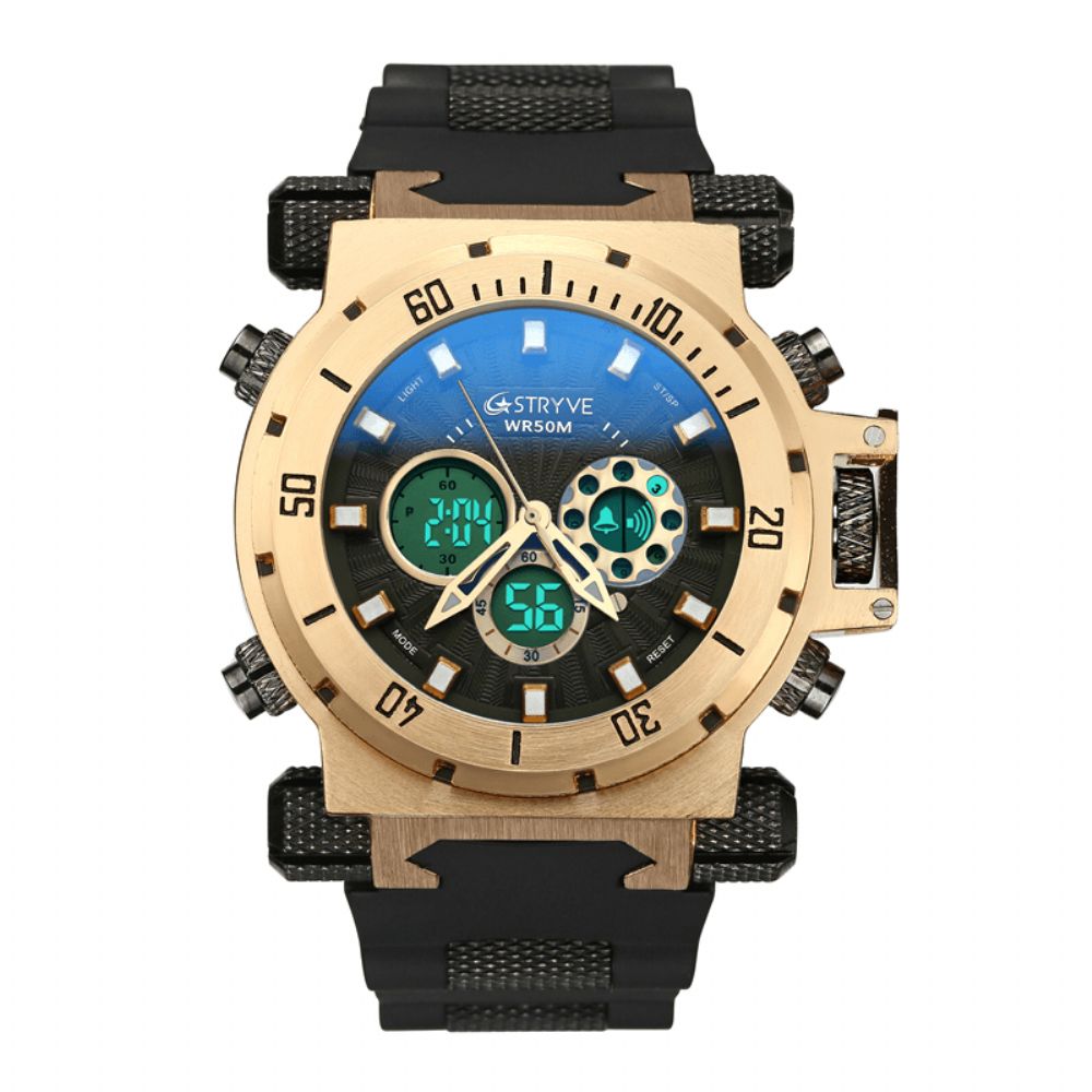 Stryve S8015 5Atm Zwitsers Uurwerk Chrono Date Week Dual Display Digitaal Horloge