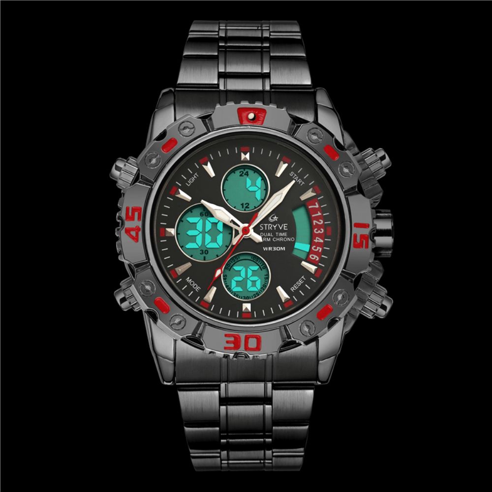 Stryve S8018 Heren Volledig Staal Waterdicht Datum Week Chrono Wekker Dual Display Digitaal Horloge