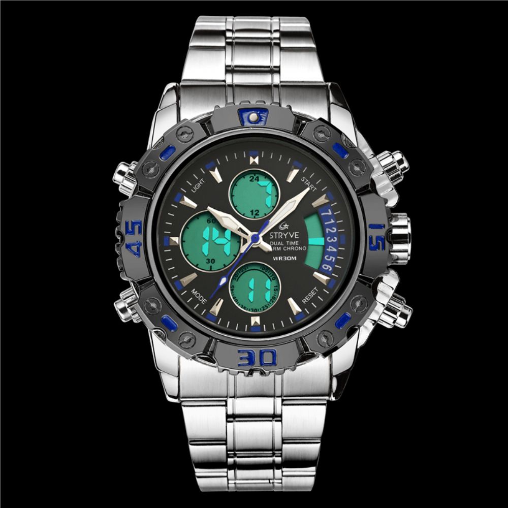 Stryve S8018 Heren Volledig Staal Waterdicht Datum Week Chrono Wekker Dual Display Digitaal Horloge