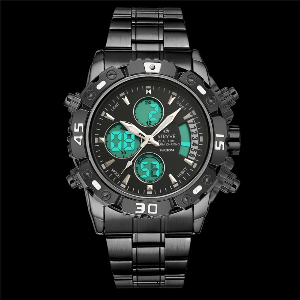 Stryve S8018 Heren Volledig Staal Waterdicht Datum Week Chrono Wekker Dual Display Digitaal Horloge