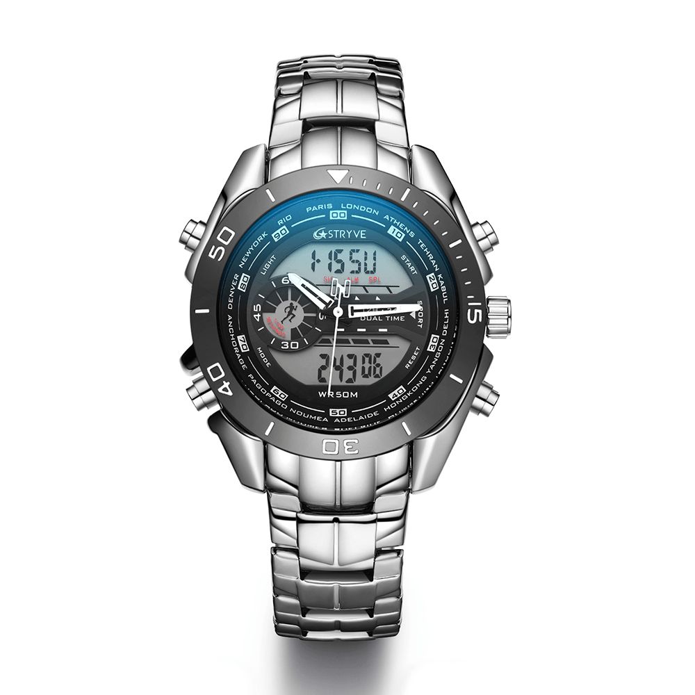 Stryve S8019 Heren Luminoud Display Wekker Chronograaf Sport Stalen Band Dual Display Digitaal Horloge