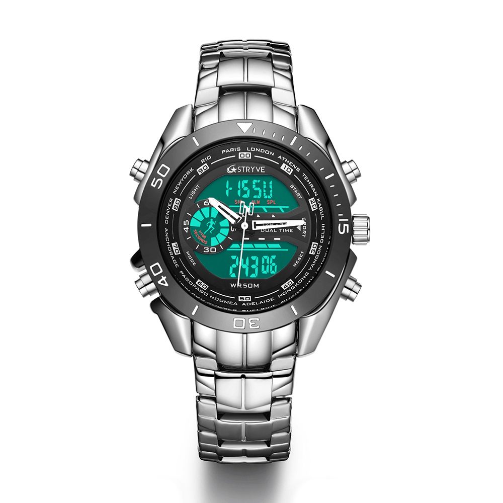 Stryve S8019 Heren Luminoud Display Wekker Chronograaf Sport Stalen Band Dual Display Digitaal Horloge