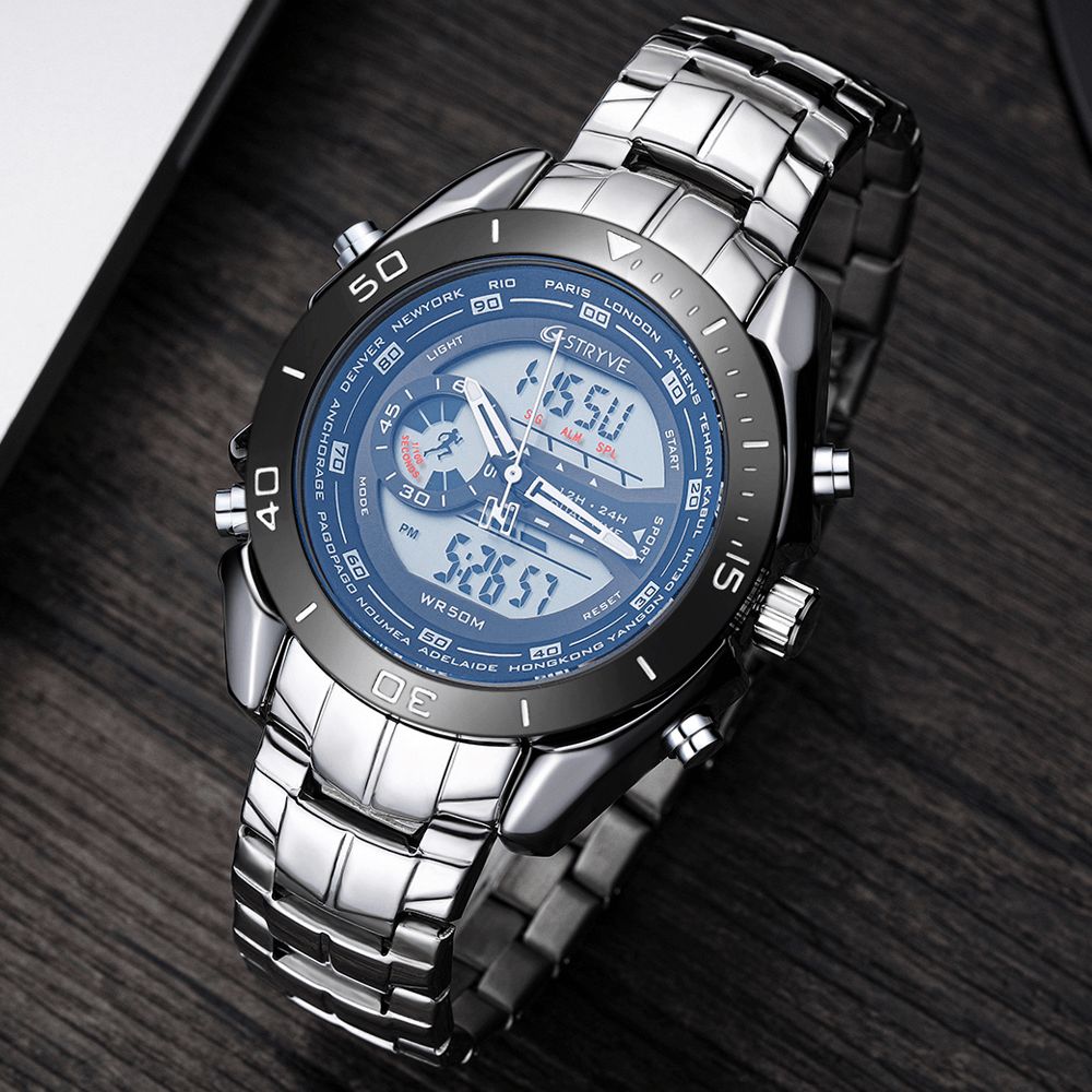 Stryve S8019 Heren Luminoud Display Wekker Chronograaf Sport Stalen Band Dual Display Digitaal Horloge