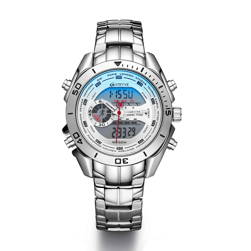 Stryve S8019 Heren Luminoud Display Wekker Chronograaf Sport Stalen Band Dual Display Digitaal Horloge