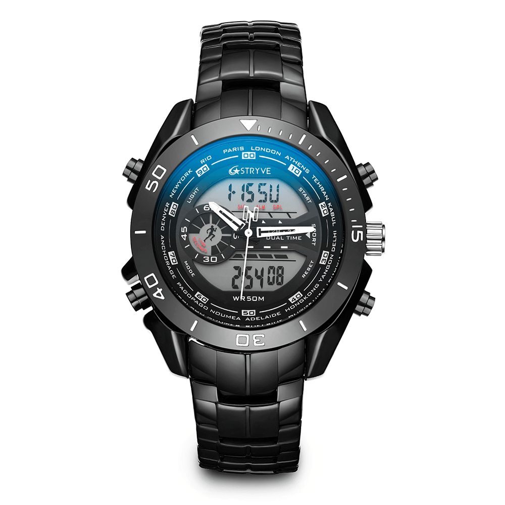 Stryve S8019 Heren Luminoud Display Wekker Chronograaf Sport Stalen Band Dual Display Digitaal Horloge