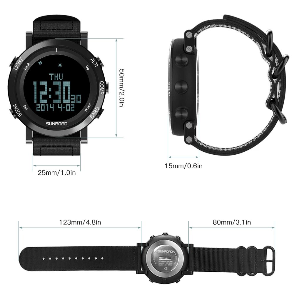 Sunroad Fr851 Multifunctionele El-Achtergrondverlichting Atmosferische Druk Chronograaf Kompas Weersvoorspelling 5Atm Waterdicht Outdoor Heren Digitaal Horloge