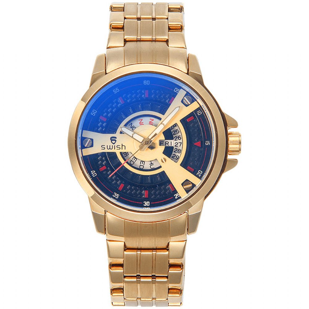 Swish 5866G Mode Herenhorloge 3Atm Waterdicht Lichtgevende Datum Weekweergave Quartz Horloge