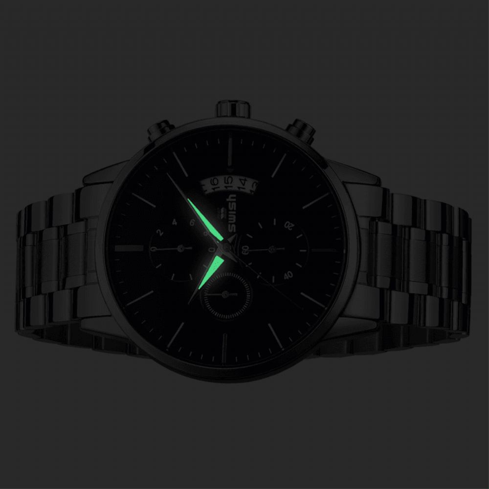 Swish 917 Mode Herenhorloge 3Atm Waterdicht Lichtgevende Datumweergave Roestvrij Stalen Band Quartz Horloge