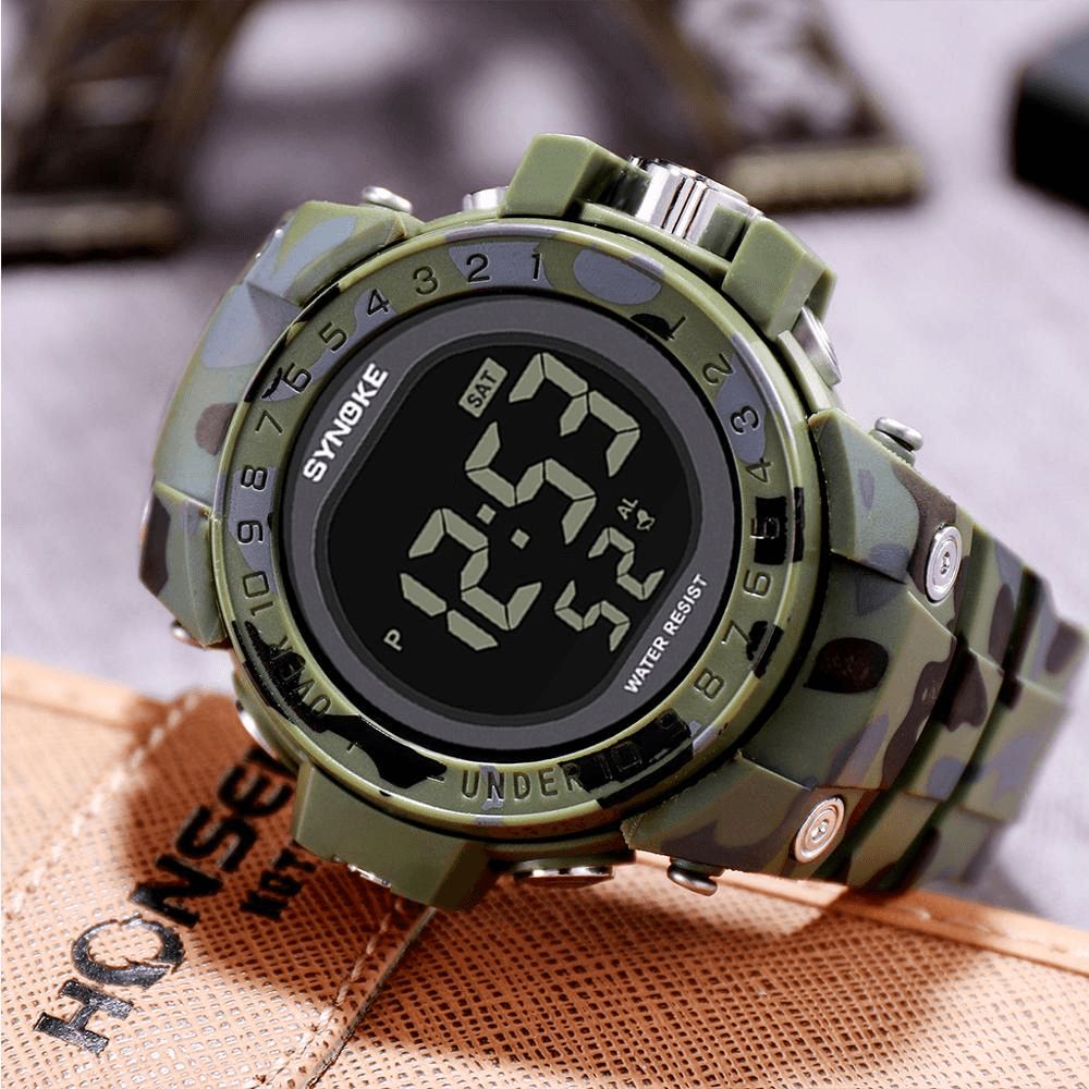 Synoke 9030 Mode Herenhorloge Waterdicht Weekweergave Alarm El Licht Camouflage Digitaal Horloge