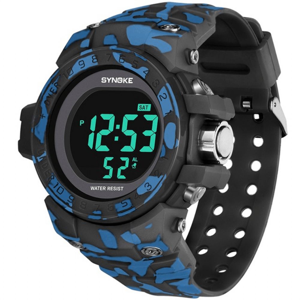 Synoke 9030 Mode Herenhorloge Waterdicht Weekweergave Alarm El Licht Camouflage Digitaal Horloge