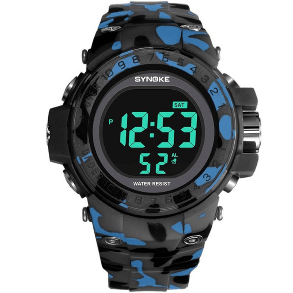 Synoke 9030 Mode Herenhorloge Waterdicht Weekweergave Alarm El Licht Camouflage Digitaal Horloge