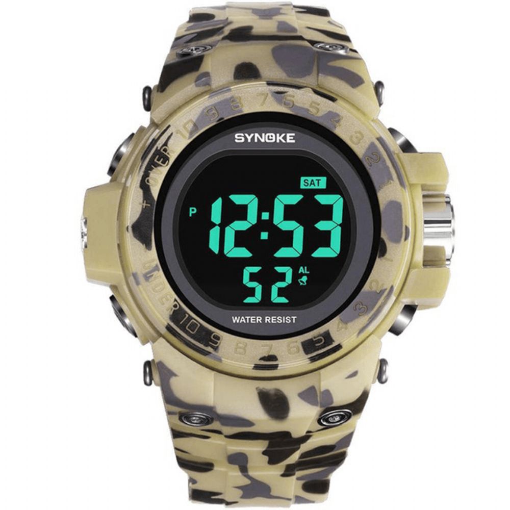 Synoke 9030 Mode Herenhorloge Waterdicht Weekweergave Alarm El Licht Camouflage Digitaal Horloge