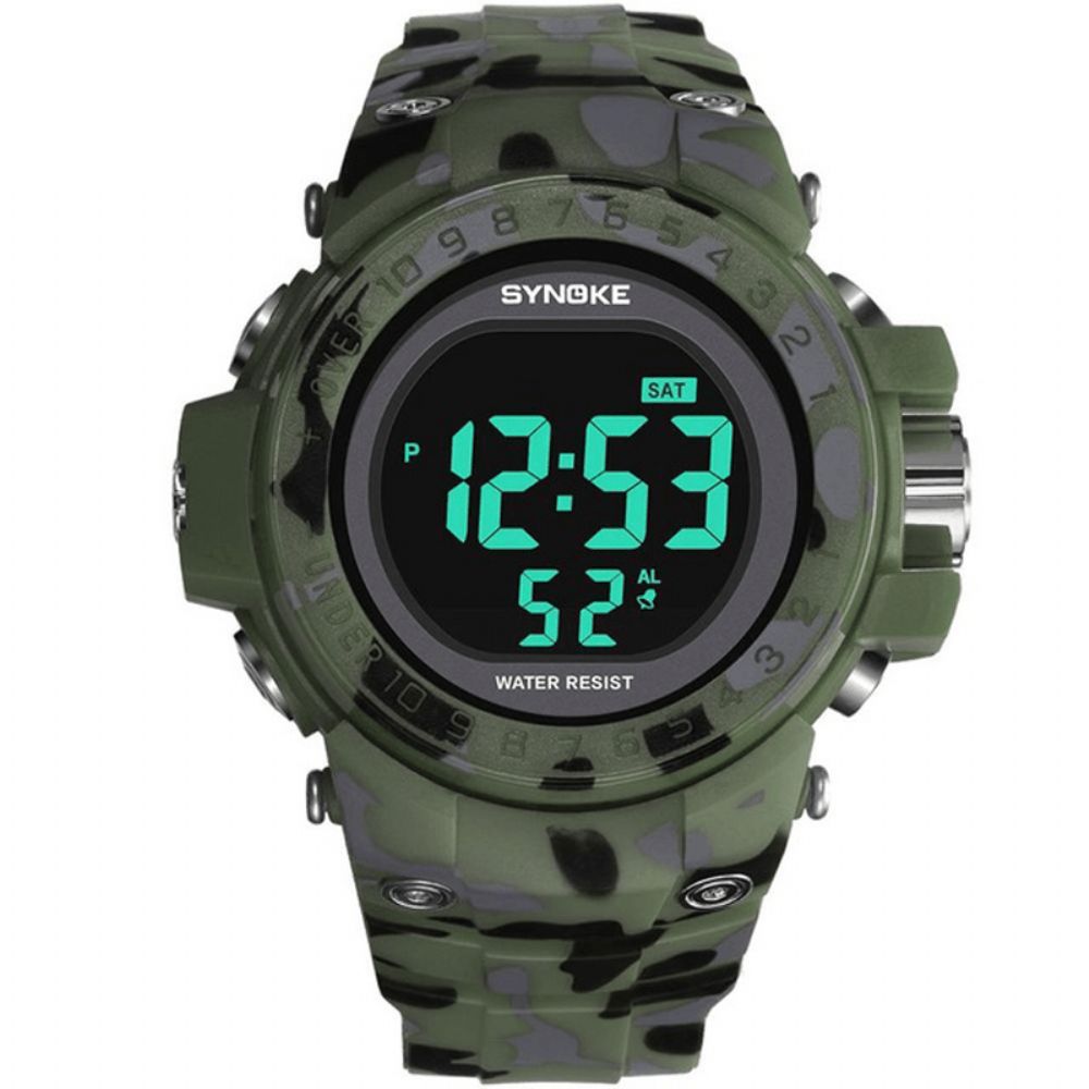 Synoke 9030 Mode Herenhorloge Waterdicht Weekweergave Alarm El Licht Camouflage Digitaal Horloge