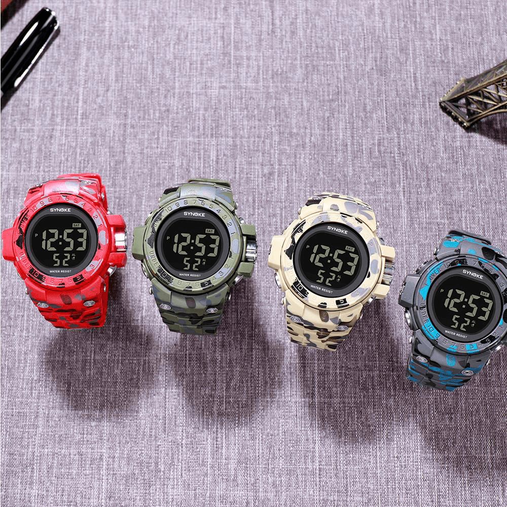 Synoke 9030 Mode Herenhorloge Waterdicht Weekweergave Alarm El Licht Camouflage Digitaal Horloge