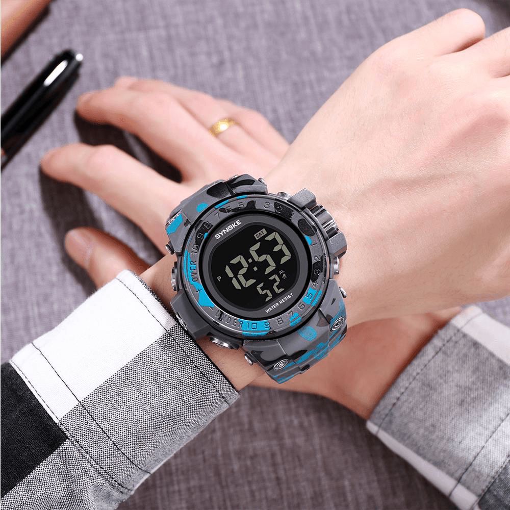 Synoke 9030 Mode Herenhorloge Waterdicht Weekweergave Alarm El Licht Camouflage Digitaal Horloge