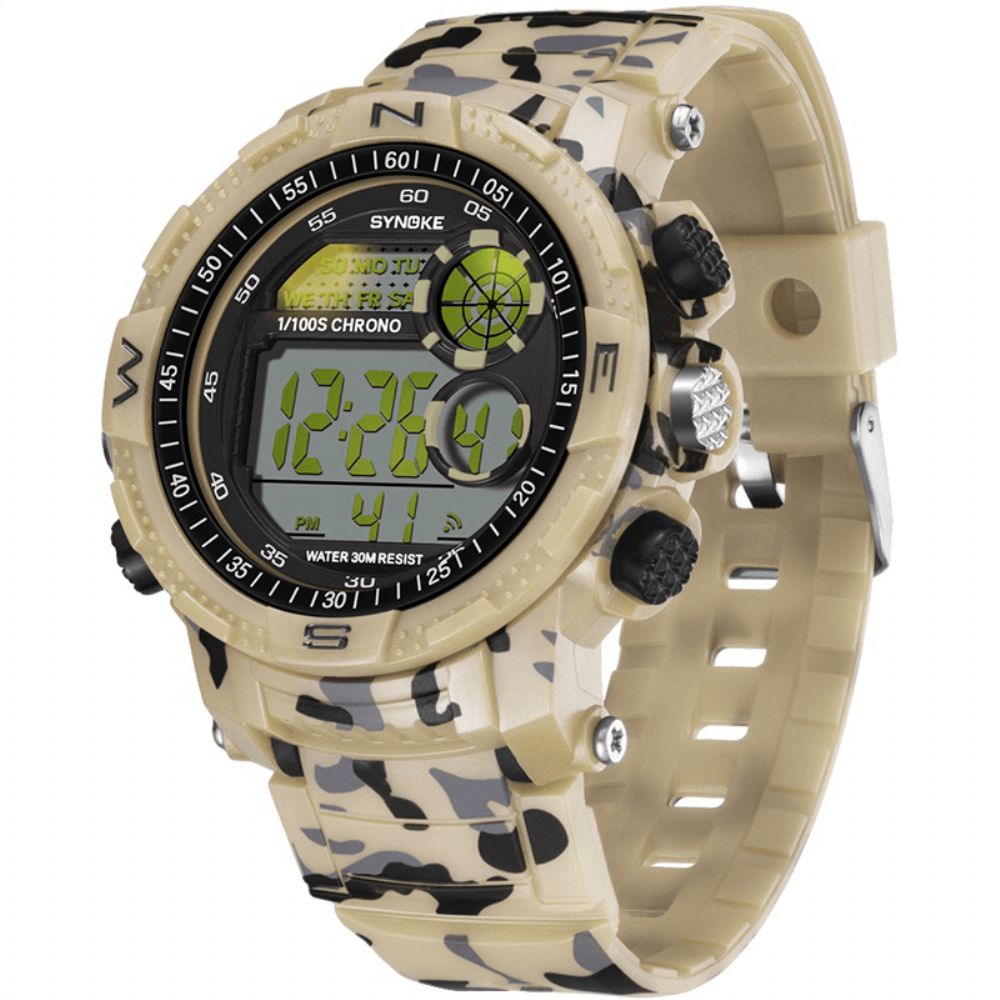 Synoke 9033 Sport Herenhorloge Waterdicht Lichtgevende Datum Weekweergave Camouflage Buiten Digitaal Horloge